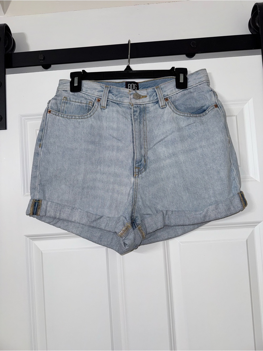BDG Light Blue High-Rise Rolled Hem Denim Shorts